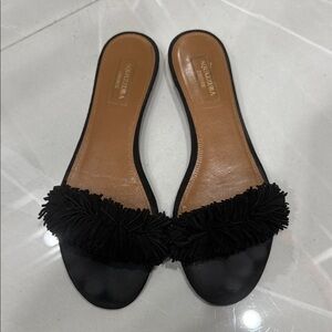 Aquazzura Black Fringe Slide Sandals